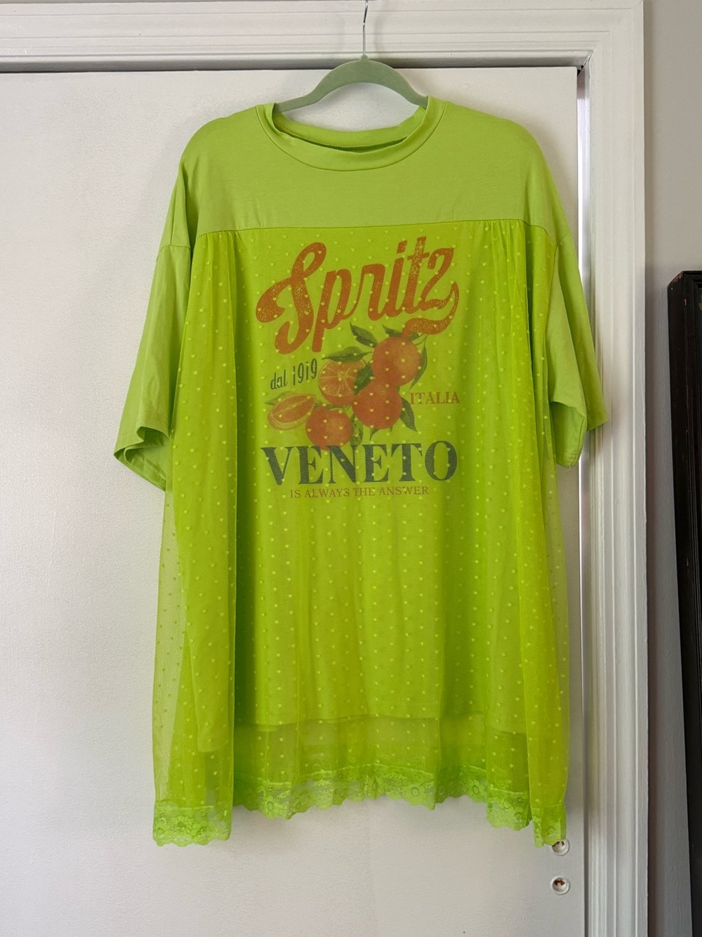 Lime Green Graphic Tunic T-Shirt with Mesh Overlay